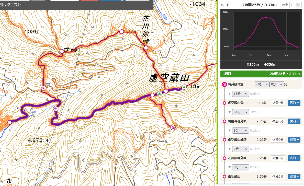 虚空蔵山と四賀キャニオンルートマップ